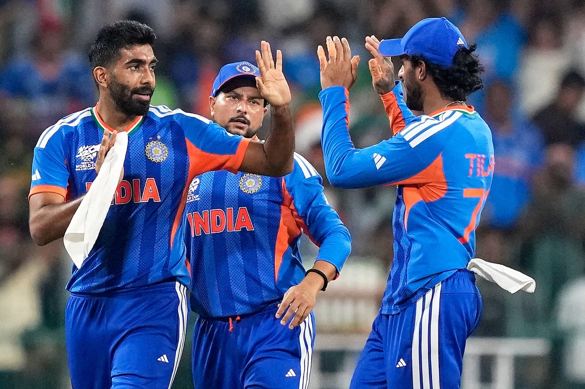 AP Photo : Indias Jasprit Bumrah celebrates with teammates the wicket of Pakistans captain Salman Ali Agha during the ICC T20 World Cup 2026cricket match between India and Pakistan in Colombo.