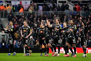 | Photo: Jacob King/PA via AP : Leeds United players celebrate after winning the penalty shoot out at the end of the Emirates FA Cup fourth round match between Leeds United and Bimingham City, in Birmingham, England.