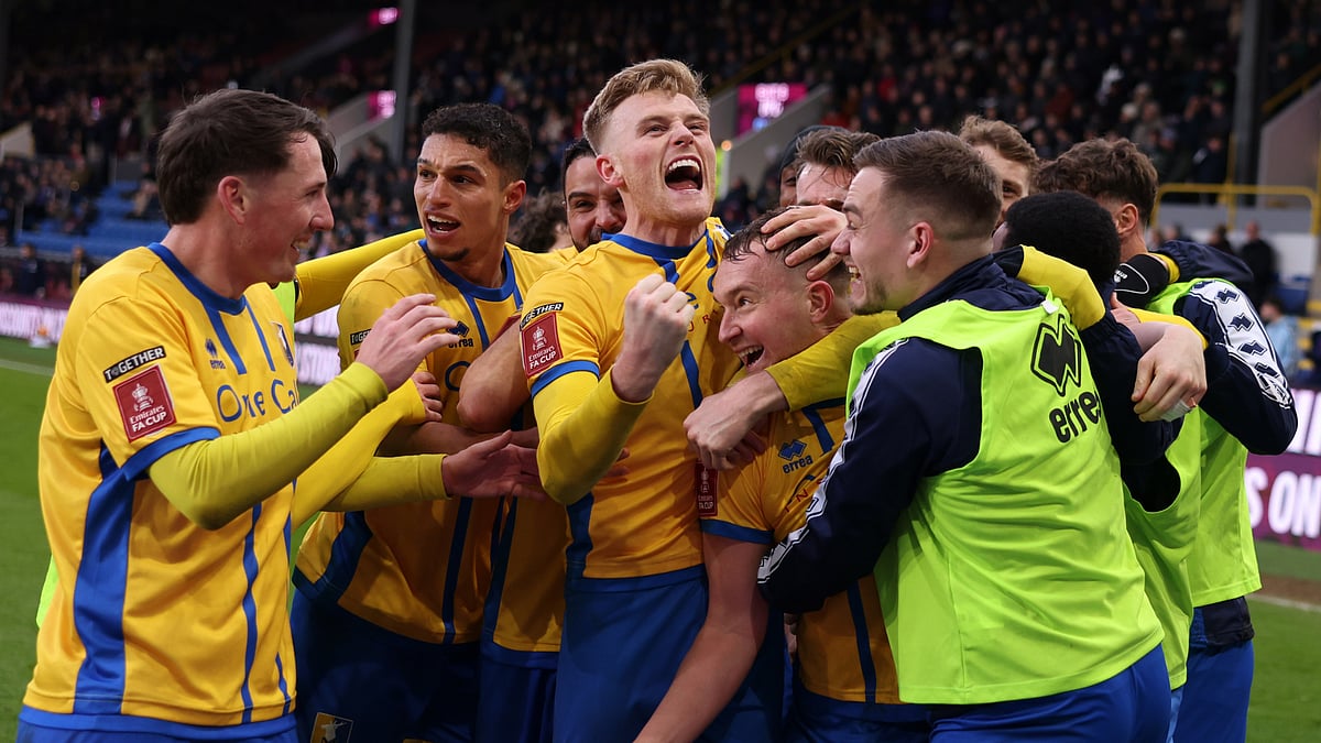 Mansfield Town celebrate their goal against Burnley in the FA Cup