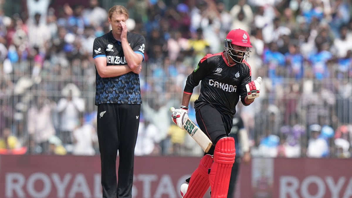 AP Photo : Canadas Yuvraj Samra celebrates his century during the ICC T20 World Cup Group D cricket match between Canada and New Zealand in Chennai.