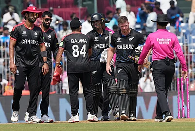| Photo: AP/Mahesh Kumar A. : Canadas captain Dilpreet Bajwa, center, shake hands with New Zealands Rachin Ravindra after New Zealand won the T20 World Cup cricket in Chennai.