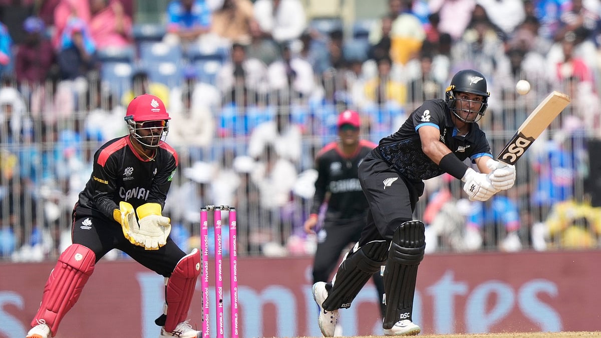 AP Photo : New Zealands Rachin Ravindra plays a shot during the ICC T20 World Cup 2026 Group D cricket match between Canada and New Zealand in Chennai.