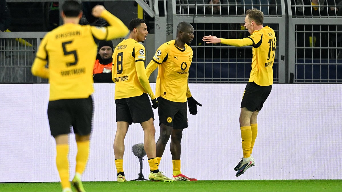 Borussia Dortmund celebrate their second goal against Atalanta