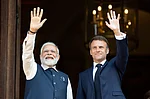 Imago : Frances President Emmanuel Macron and India s Prime Minister Narendra Modi shake hands prior to attending a meeting at The Ministry of Foreign Affairs in Paris on July 14, 2023