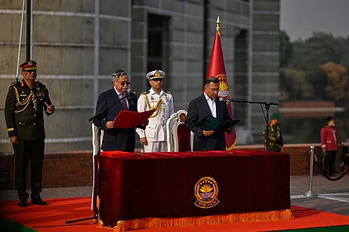 MAHMUD HOSSAIN OPU : Tarique Rahman, Chairperson of the Bangladesh Nationalist Party, takes oath as Prime Minister of Bangladesh from President Mohammed Shahabuddin during a ceremony at the National Parliament in Dhaka, Bangladesh