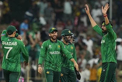 | Photo: AP/Eranga Jayawardena : Pakistans captain Salman Ali Agha, centre, celebrates with teammates after winning T20 World Cup cricket match against Namibia in Colombo, Sri Lanka.