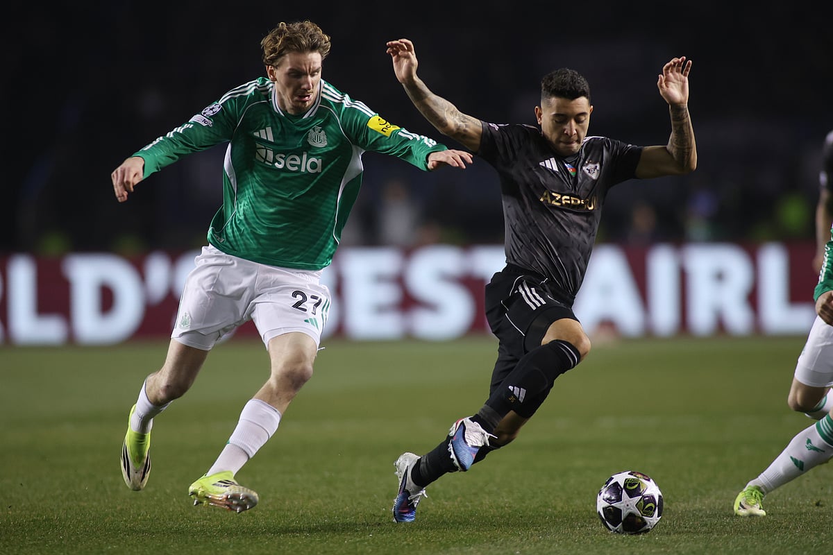  | Photo: AP : Qarabag's Pedro Bicalho, right, fights for the ball with Newcastle's Nick Woltemade during the Champions League play-off first leg soccer match between Qarabag and Newcastle in Baku, Azerbaijan, Wednesday, Feb. 18, 2026.