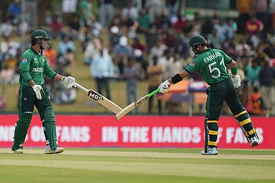 | Photo: AP/Eranga Jayawardena : Pakistans Sahibzada Farhan, right, and Saim Ayub , left, encourage each other as they bat during the T20 World Cup cricket match between Namibia and Pakistan in Colombo, Sri Lanka.