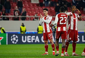 | Photo: AP/Petros Giannakouris : Players of Olympiacos are seen after the end of the Champions League playoff soccer match between Olympiacos and Bayer 04 Leverkusen in Piraeus port, near Athens.