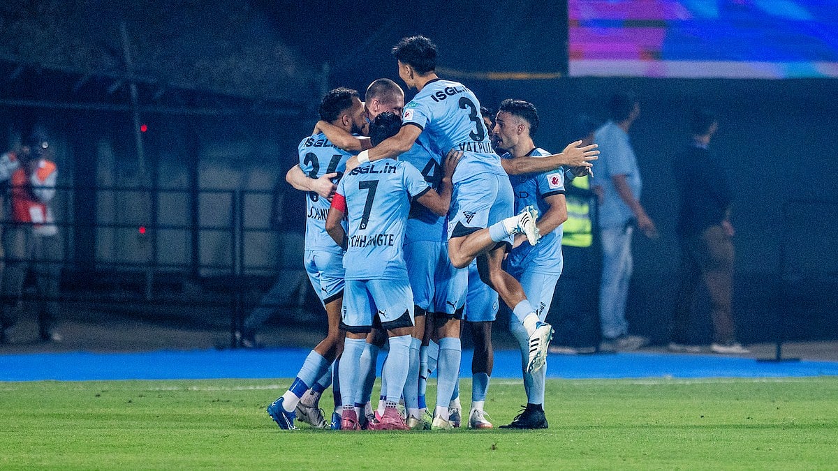 | Photo: AIFF : Mumbai City FC players celebrate Pritam Kotal's own goal during the Indian Super League match against Chennaiyin FC on February 20, 2026.