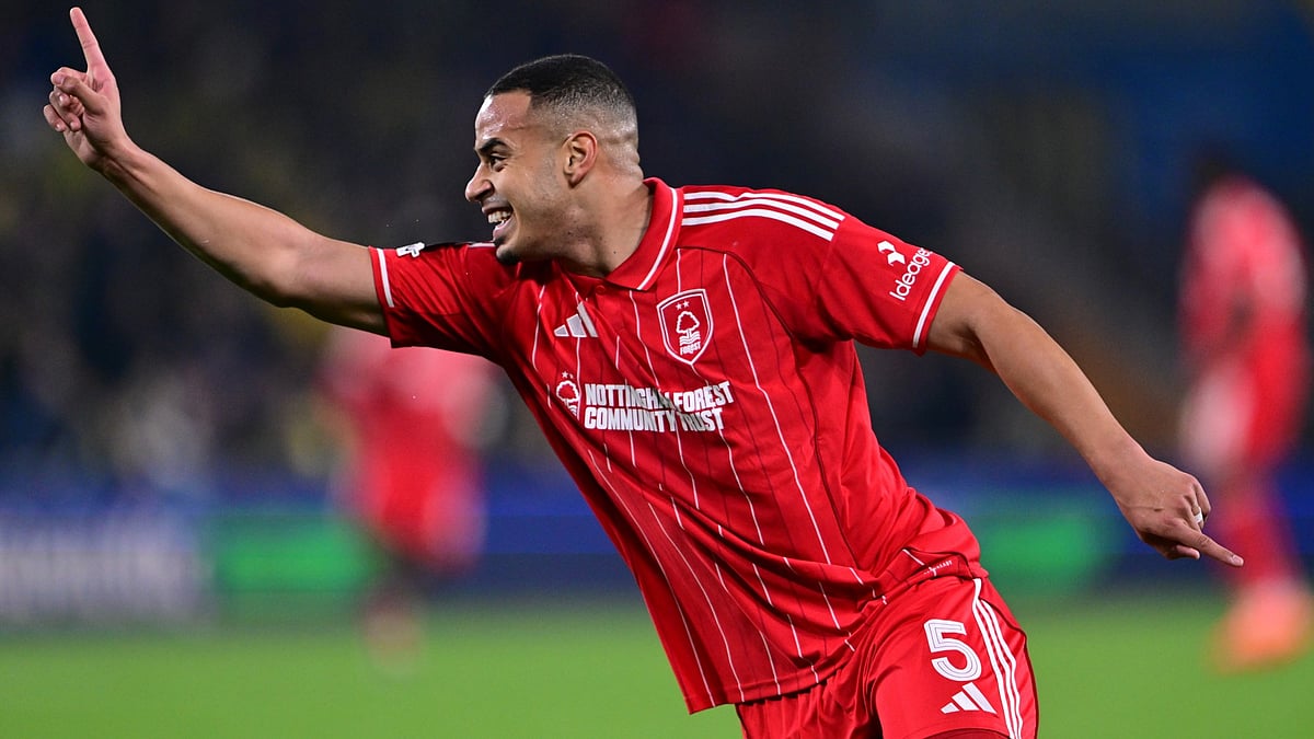 Murillo celebrates his goal for Forest against Fenerbahce in the Europa League