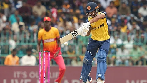 AP Photo/Eranga Jayawardena : Sri Lankas Pathum Nissanka plays a shot during the T20 World Cup cricket match between Sri Lanka and Zimbabwe in Colombo, Sri Lanka, Thursday, Feb. 19, 2026.