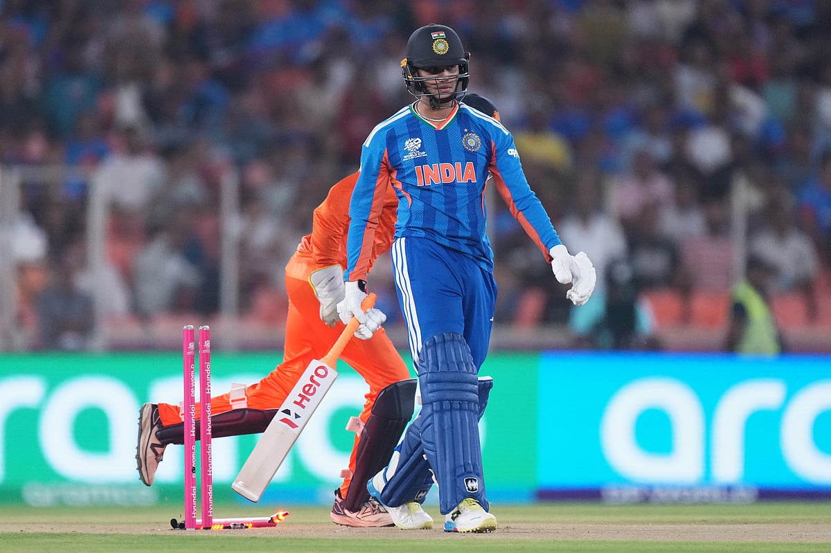 | Photo: AP/Ajit Solanki : Indias Abhishek Sharma, right, reacts after getting bowled out by Netherlands Aryan Dutt during the T20 World Cup cricket match between India and Netherlands in Ahmedabad, India, Wednesday, Feb. 18, 2026. 