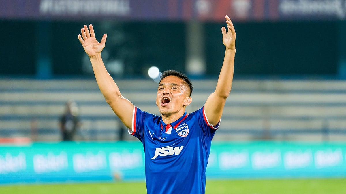 bengalurufc/X : Sunil Chhetri celebrating his goal against SC Delhi in ISL 2025-26. 