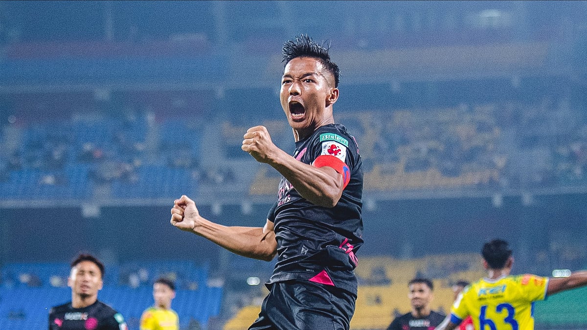 IndSuperLeague/X : Lallianzuala Chhangte celebrating after scoring a goal against Kerala Blasters in ISL 2025-26. 