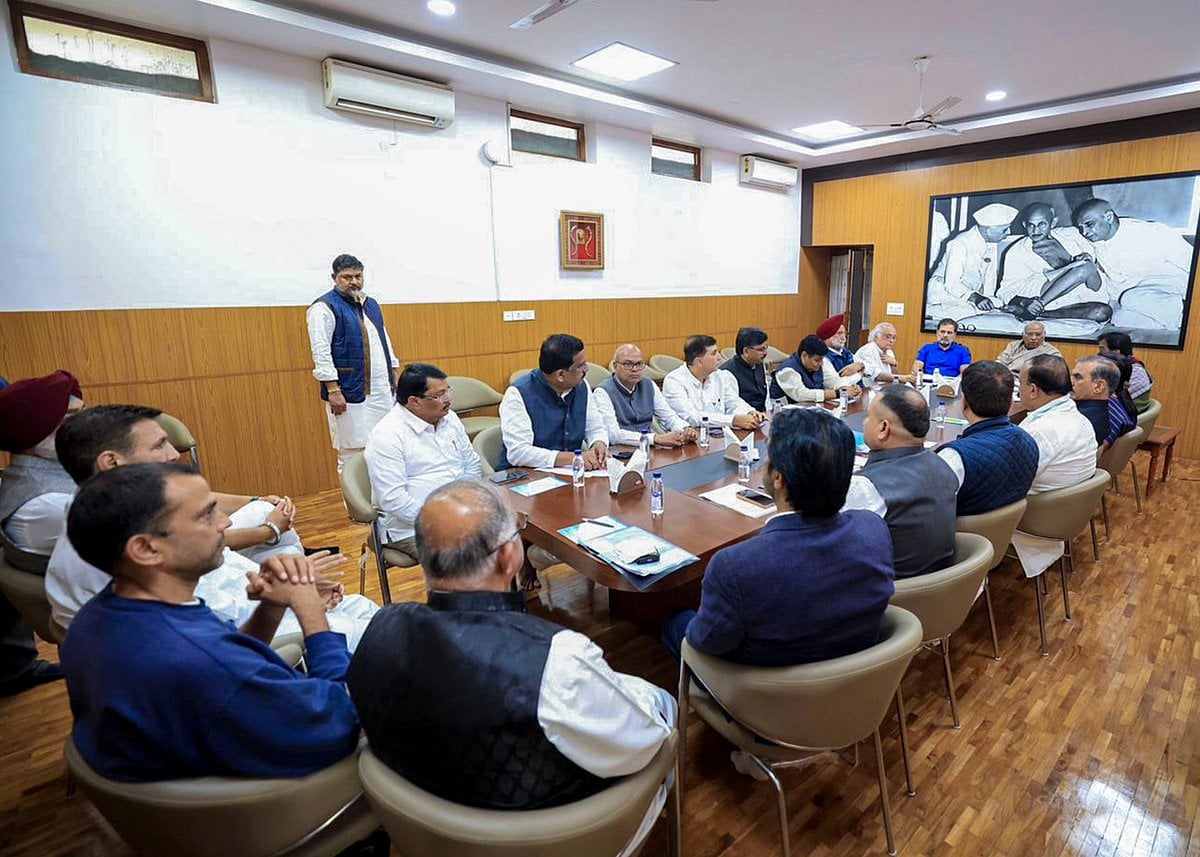  PTI
 :  Leader of Opposition in the Rajya Sabha and Congress President Mallikarjun Kharge, Leader of Opposition in the Lok Sabha Rahul Gandhi, party leader KC Venugopal and others during a meeting with AICC general secretaries, state in-charges, Pradesh Congress presidents and CLP leaders from six states over the India-US Trade Deal, in New Delhi.