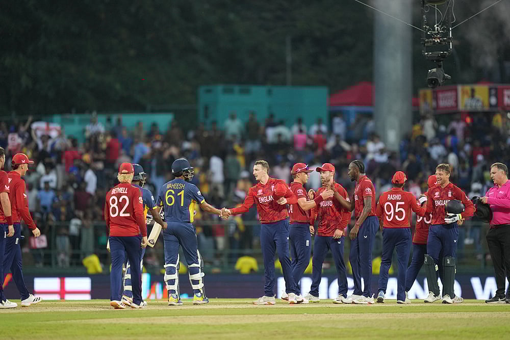 | Photo: AP/Eranga Jayawardena : Englands players celebrate their win over Sri Lanka in the T20 World Cup cricket match between Sri Lanka and England in Pallekele, Sri Lanka.
