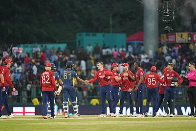 | Photo: AP/Eranga Jayawardena : Englands players celebrate their win over Sri Lanka in the T20 World Cup cricket match between Sri Lanka and England in Pallekele, Sri Lanka.