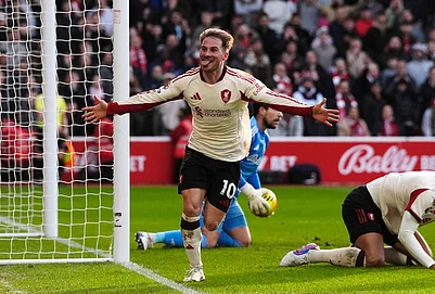 | Photo: Nick Potts/PA via AP : Liverpools Alexis Mac Allister celebrates scoring during the English Premier League soccer match between Nottingham Forest and Liverpool in Nottingham, England.