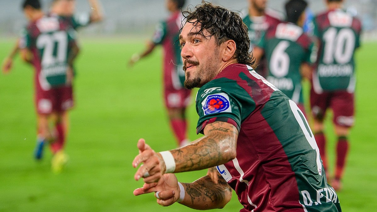 | Photo: AIFF : Mohun Bagan Super Giant's Dimitrios Petratos celebrates after scoring during the Indian Super League match against Chennaiyin FC on February 23, 2026.