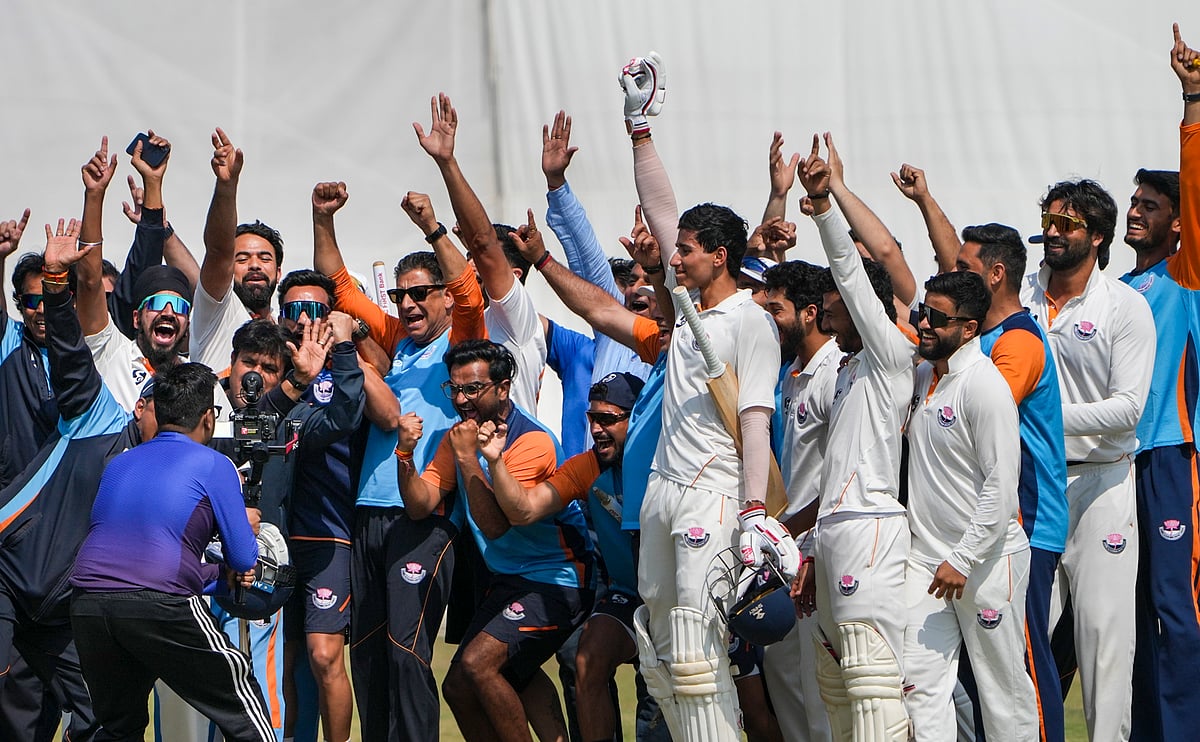 PTI : Jammu and Kashmirs Vanshaj Sharma with teammates , seen celebrating after the teams victory in the Ranji Trophy semifinal cricket match against Bengal, at the Bengal Cricket Academy Ground, in Kalyani, West Bengal, Wednesday, Feb. 18, 2026. 