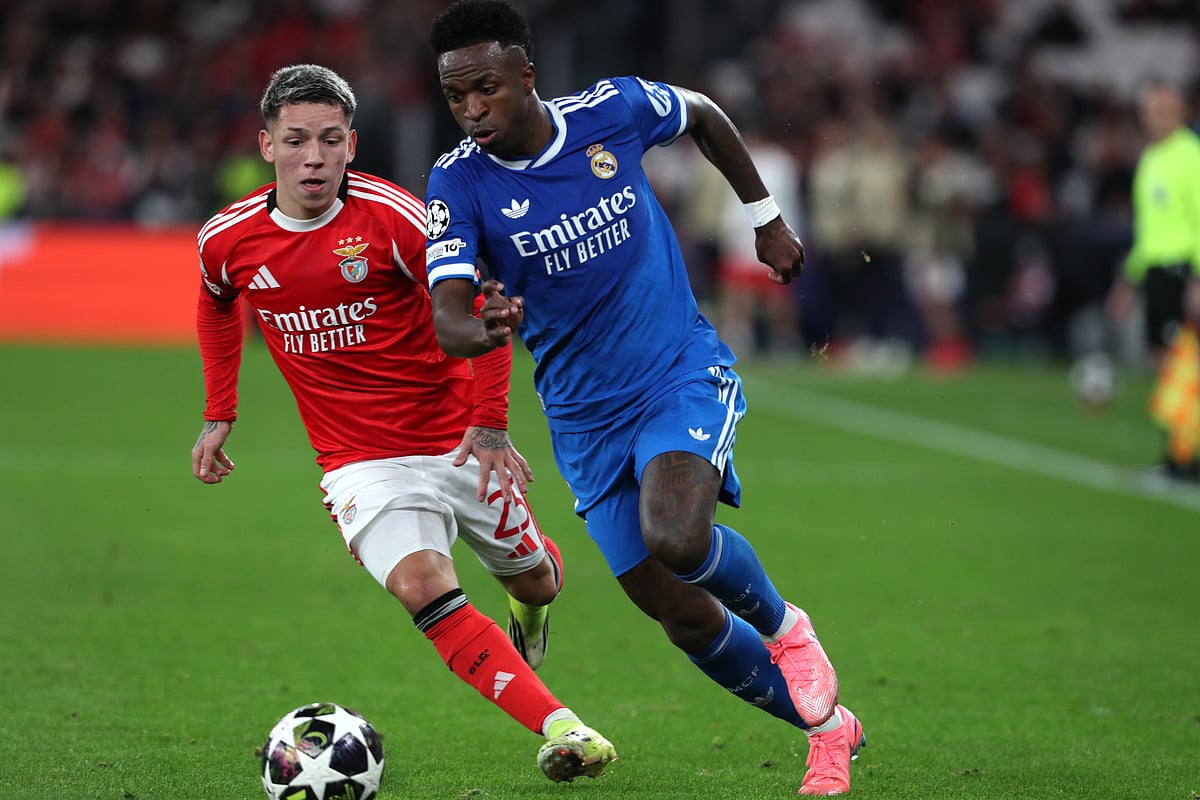 | Photo: AP/Pedro Rocha : Benfica's Gianluca Prestianni fights for the ball against Real Madrid's Vinicius Junior during a Champions League playoff soccer match between SL Benfica and Real Madrid in Lisbon, Portugal, Tuesday, Feb. 17, 2026. 