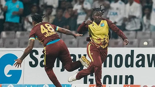 | Photo: PTI/Kunal Patil : Deandra Dottin becomes 1st WI player dismissed obstructing the field.