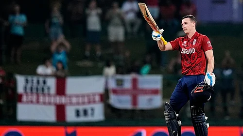 AP Photo/Eranga Jayawardena : Englands captain Harry Brook celebrates his century during the T20 World Cup cricket match between England and Pakistan in Pallekele, Sri Lanka, Tuesday, Feb. 24, 2026.