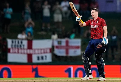 | Photo: AP/Eranga Jayawardena : Englands captain Harry Brook celebrates his century during the T20 World Cup cricket match between England and Pakistan in Pallekele, Sri Lanka.