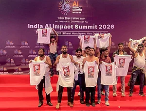 PTI : In this image posted on Feb. 20, 2026, Indian Youth Congress workers stage a protest during the India AI Impact Summit 2026 at Bharat Mandapam, in New Delhi.
