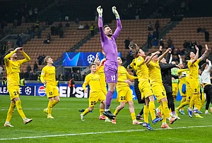 | Photo: AP/Luca Bruno : Glimt's players celebrate at the end of the Champions League playoff soccer match between Inter Milan and Bodo Glimt, at the San Siro stadium in Milan, Italy.
