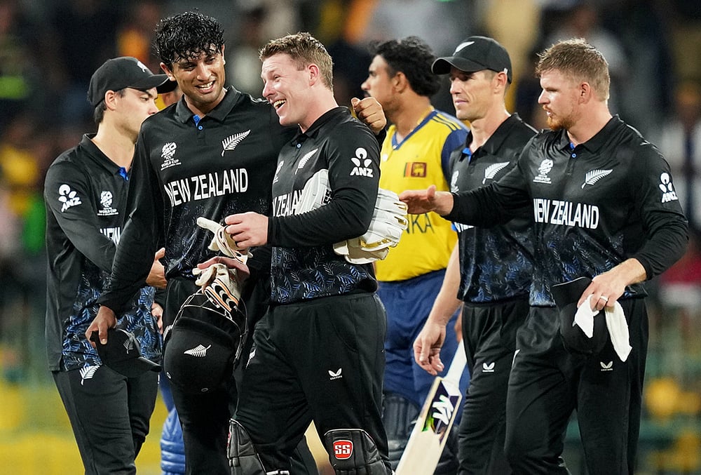 | Photo: AP/Eranga Jayawardena : New Zealands Rachin Ravindra and Tim Seifert have a chat after winning the T20 World Cup cricket match between Sri Lanka and New Zealand in Colombo, Sri Lanka.