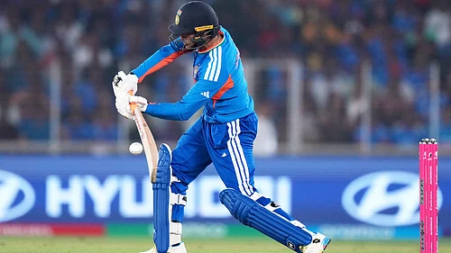 | Photo: AP/Ajit Solanki : Indias Abhishek Sharma plays a shot during the T20 World Cup cricket match between India and South Africa in Ahmedabad, India, Sunday, Feb. 22, 2026.