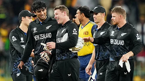 | Photo: AP/Eranga Jayawardena : New Zealands Rachin Ravindra and Tim Seifert have a chat after winning the T20 World Cup cricket match between Sri Lanka and New Zealand in Colombo, Sri Lanka.