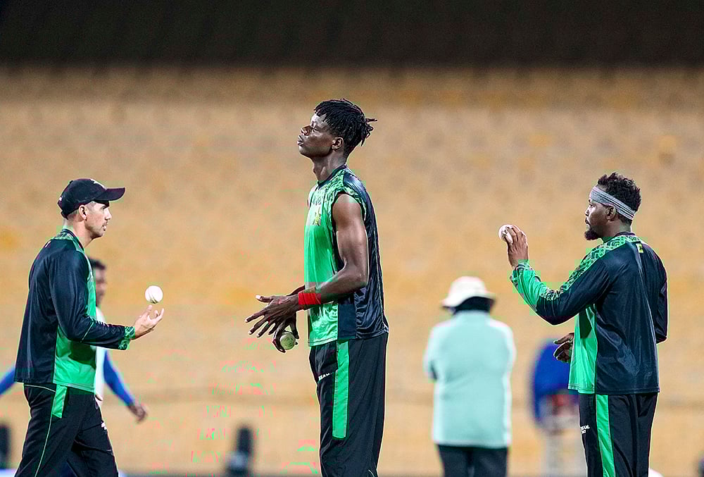 | Photo: PTI/R Senthilkumar : Zimbabwes Blessing Muzarabani, centre, during a training session ahead of the ICC Mens T20 World Cup 2026 cricket match between India and Zimbabwe, at MA Chidambaram Stadium, in Chennai.