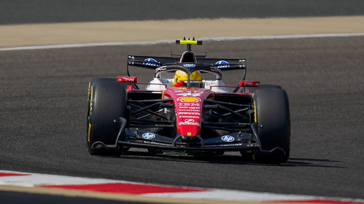 | Photo: AP/Altaf Qadri : Ferrari driver Lewis Hamilton of Britain steers his car on the third day of Formula One pre-season test at the Bahrain International Circuit in Sakhir, Bahrain, Friday, Feb. 13, 2026. 