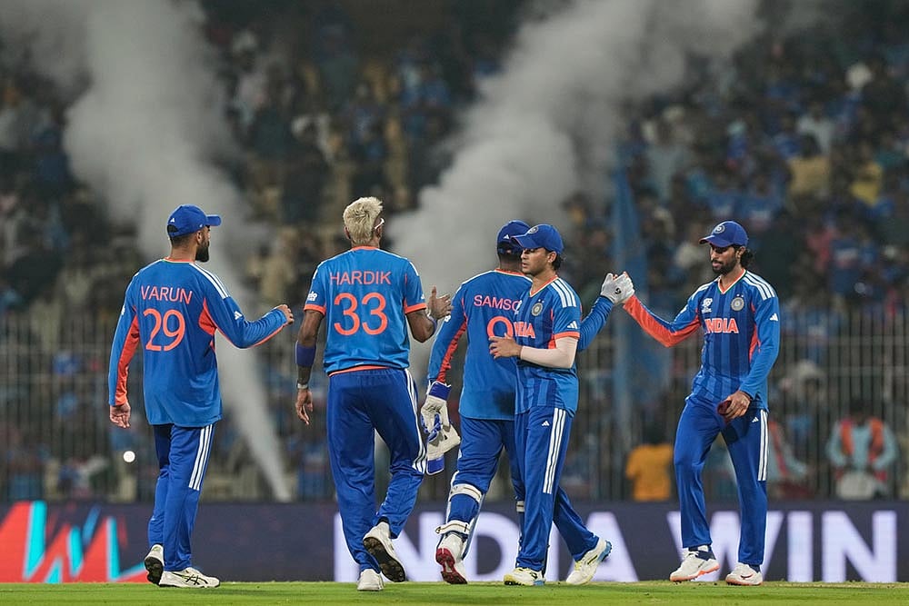 | Photo: AP/Mahesh Kumar A. : Indian players celebrate after winning the T20 World Cup cricket match between India and Zimbabwe in Chennai, India.