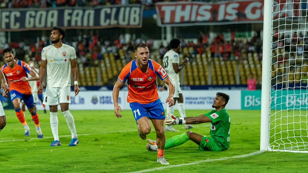 | Photo: AIFF : FC Goas Dejan Drazic celebrates after scoring during the Indian Super League match against SC Delhi on February 26, 2026.