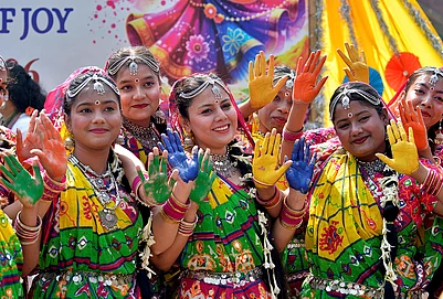 | Photo: PTI : Students of Patna Womens College during Holi festival celebrations, in Patna.