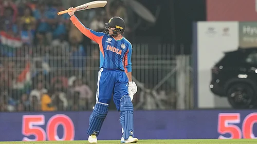 | Photo: AP/Mahesh Kumar A. : Indias Abhishek Sharma celebrates his fifty runs during the T20 World Cup cricket match between India and Zimbabwe in Chennai, India, Thursday, Feb. 26, 2026.