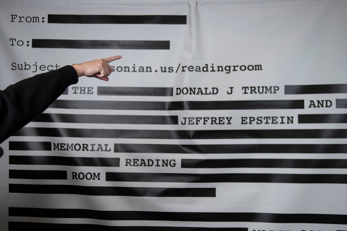 Cliff Owen : An Epstein Reading Room studio backdrop is set up at a rebuttal to President Donald Trumps State of the Union hosted by Defiance.org, the Portland Frog Brigade and COURIER at the National Press Club in Washington, Tuesday, Feb. 24, 2026