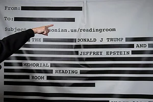 Cliff Owen : An Epstein Reading Room studio backdrop is set up at a rebuttal to President Donald Trumps State of the Union hosted by Defiance.org, the Portland Frog Brigade and COURIER at the National Press Club in Washington, Tuesday, Feb. 24, 2026