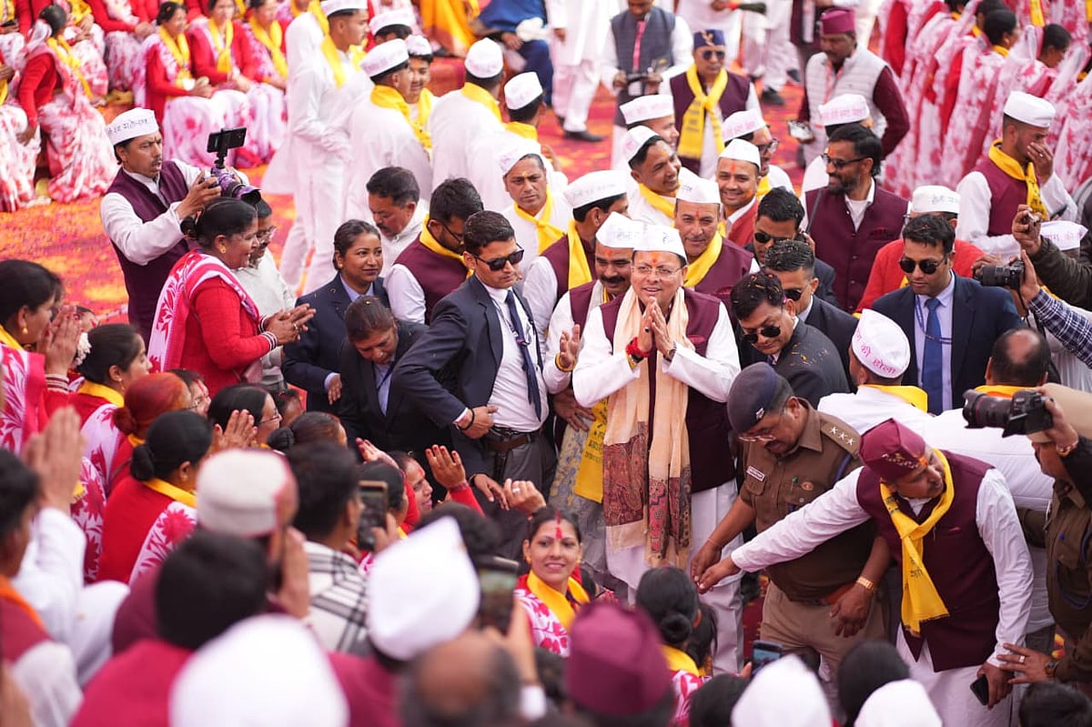 Uttarakhand CM Pushkar Singh Dhami attending a massive public gathering in Champawat