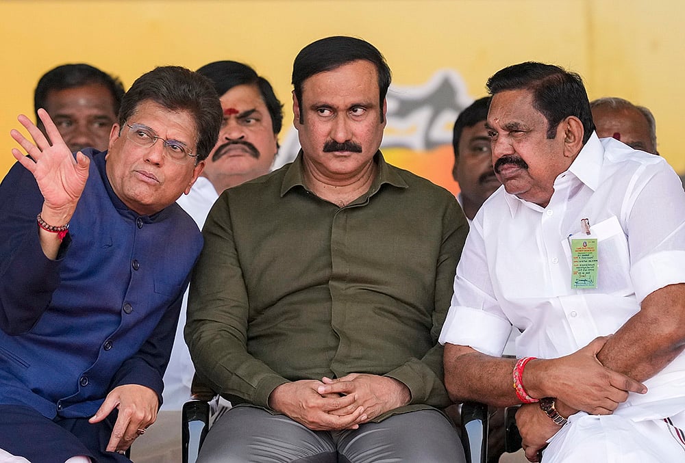| Photo: PTI/R Senthilkumar : Union Minister Piyush Goyal, left, with LoP in the Tamil Nadu Assembly Edappadi K Palaniswami, right, and others during an NDA election campaign meeting for the state Assembly polls, in Madurai.