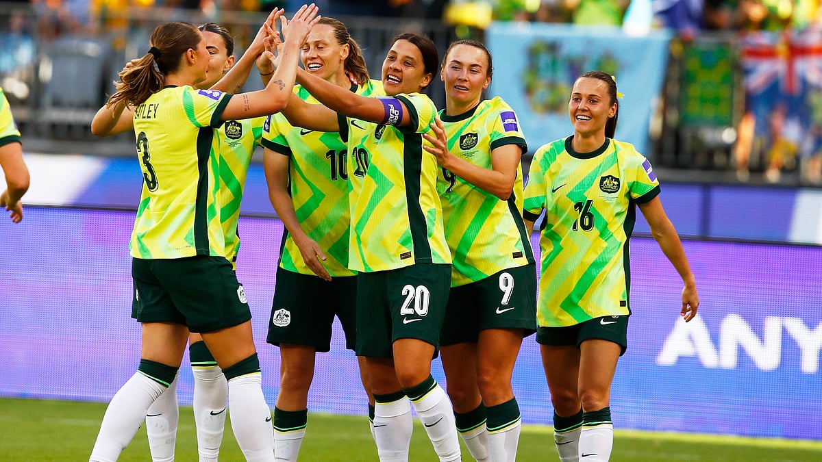 | Photo: AP/Gary Day : Australia's Sam Kerr, centre, is congratulated by teammates after scoring her team's first goal during the Women's Asia Cup soccer match between Australia and the Philippines in Perth, Australia, Sunday, March 1, 2026. 