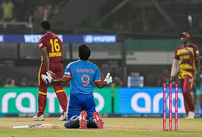 | Photo: PTI/Manvender Vashist Lav : Indias Sanju Samson, 9, reacts after winning in the ICC Mens T20 World Cup 2026 cricket match between India and West Indies, at the Eden Gardens, in Kolkata, West Bengal.