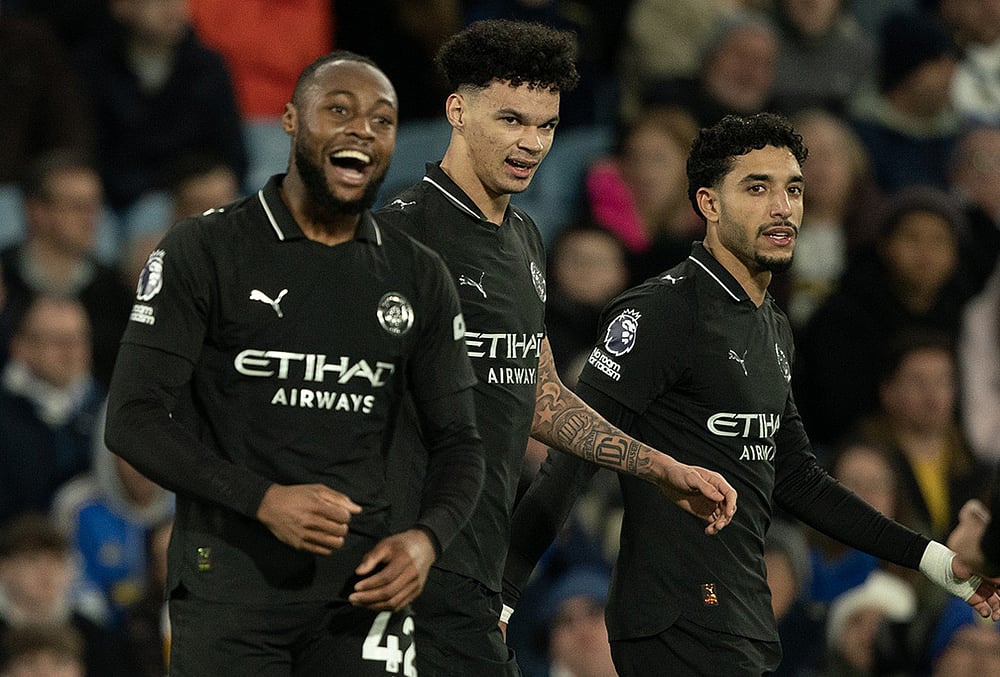 | Photo: AP/Ian Hodgson : Manchester Citys Antoine Semenyo, left, reacts after scoring during the Premier League soccer match between Leeds United and Manchester City in Leeds, England.