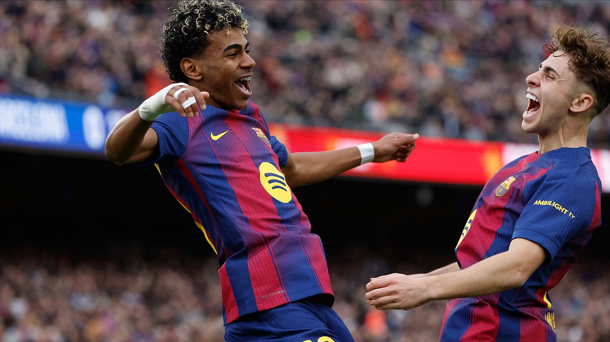 | Photo: AP/Joan Monfort : Barcelona's Lamine Yamal, left, celebrates scoring his side's opening goal with teammate Fermin Lopez during the Spanish La Liga soccer match between Barcelona and Villareal in Barcelona, Spain, Saturday, Feb. 28, 2026.