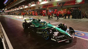 | Photo: Cristobal Herrera Ulashkevich/Pool Photo via AP : Aston Martin driver Fernando Alonso of Spain leaves the pits during a qualifying session at the Formula One Las Vegas Grand Prix Auto Race, in Las Vegas.