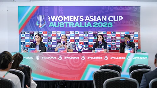 | Photo: AIFF : Indias captain Sweety Devi and head coach Amelia Valverde at the pre-match press conference with Veitnam head coach and captain in Perth on March 3, 2026.